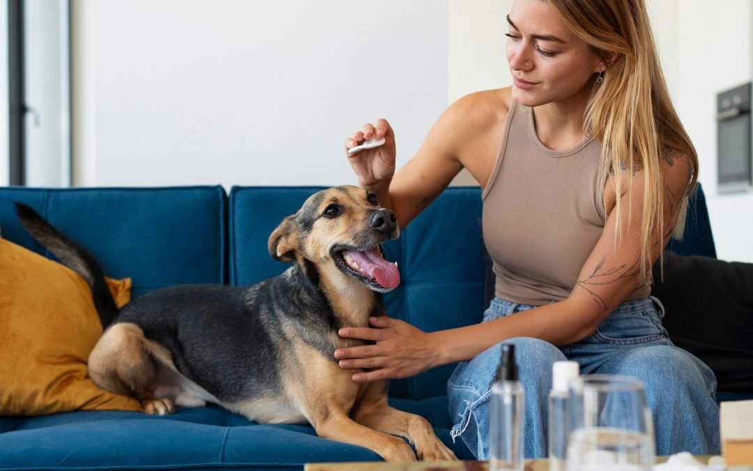 A woman sits on a blue sofa petting a happy, black and tan dog with its mouth open. She is smiling, wearing a sleeveless top and jeans. A glass and bottles are on the table in the foreground.