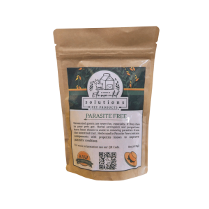 A brown resealable pouch labeled Elemental Solutions Pet Products Parasite Detox Drip, featuring product details, a QR code, and an illustration of a barn with animal silhouettes.